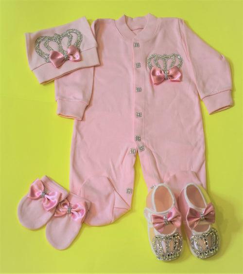 Cutie Pie Light pink with crown girls romper 4 piece set