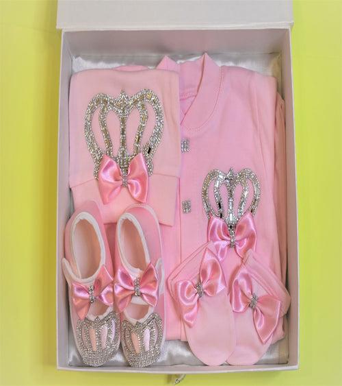 Cutie Pie Light pink with crown girls romper 4 piece set