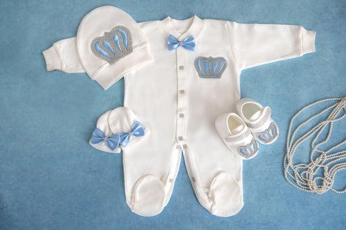 Honey Bun White with blue crown patch romper 4 piece set