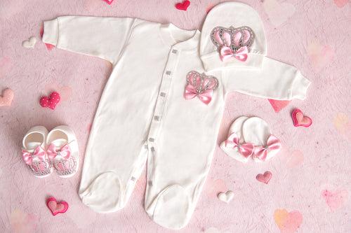 Snickerdoodle White with pink crown patch romper 4 piece set(Girls)