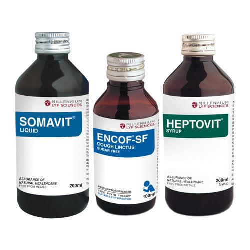 Recover & Rejuvenate with Ayurveda (SOMAVIT LIQUID 200ml x 3 + HEPTOVIT SYRUP 200ml x 3 + ENCOF-SF SYRUP 100ml x 3)