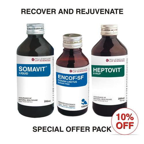 Recover & Rejuvenate with Ayurveda (SOMAVIT LIQUID 200ml x 3 + HEPTOVIT SYRUP 200ml x 3 + ENCOF-SF SYRUP 100ml x 3)