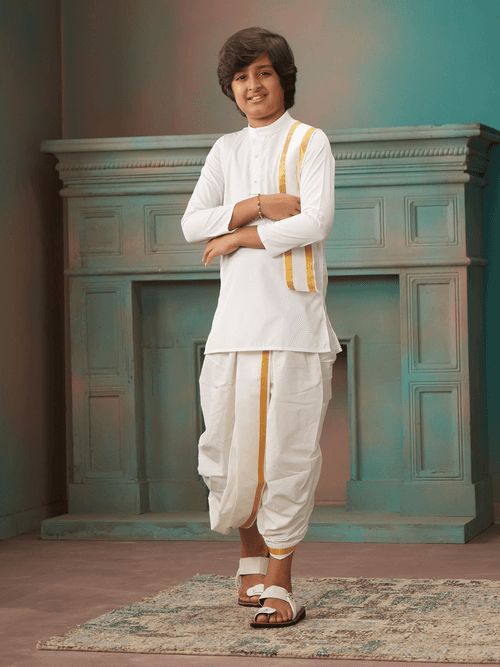 Boys Cotton White Kurta Readymade Panchakacham Towel Combo with Gold Jari Border Sarman