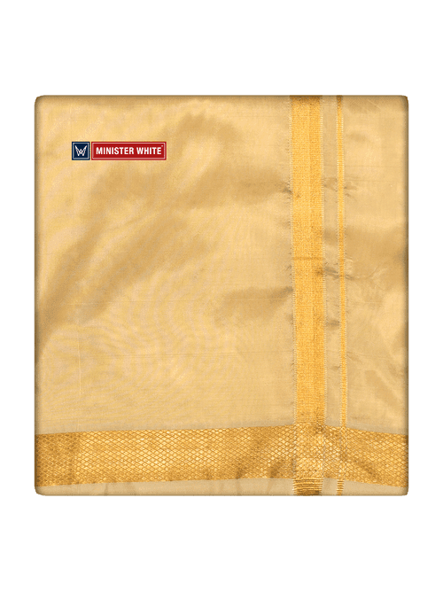 Mens Art Silk Medium Gold Full Sleeves Shirt with Gold Jari Border Dhoti Combo Finesse