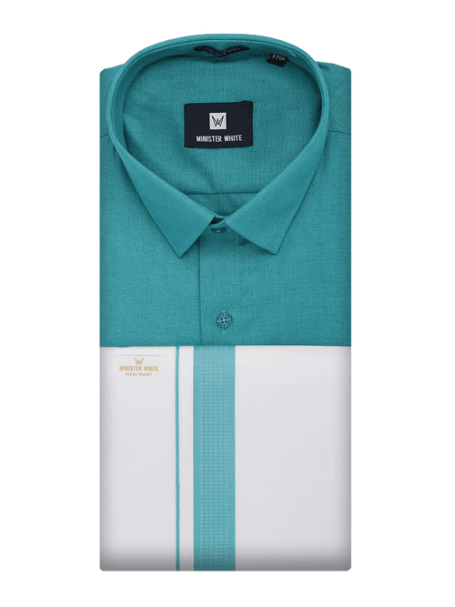 Mens Sky Blue Shirt with Matching Border Flexi Dhoti Combo Casper Flexi