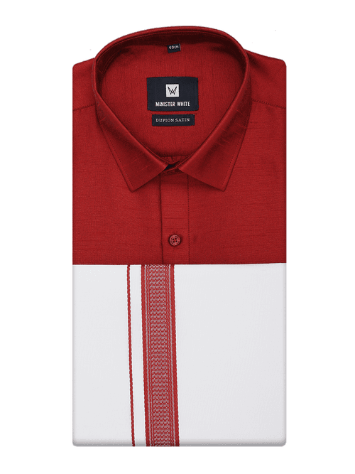 Mens Red Dupion Satin Color Shirt with Matching Border Dhoti Combo Gora