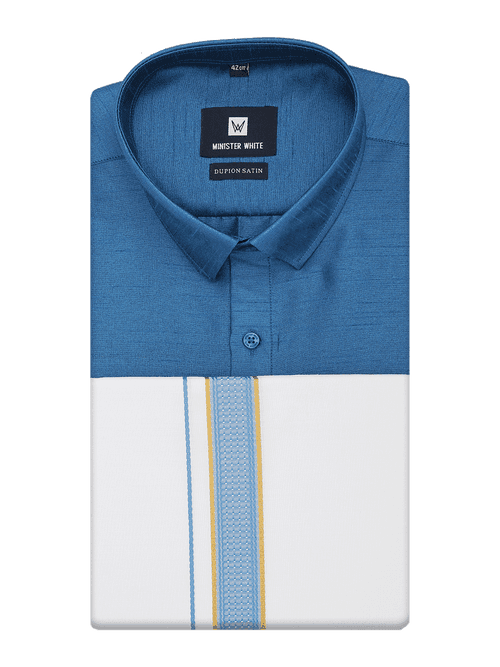 Mens Ramar Blue Dupion Satin Color Shirt with Matching Border Dhoti Combo Gora