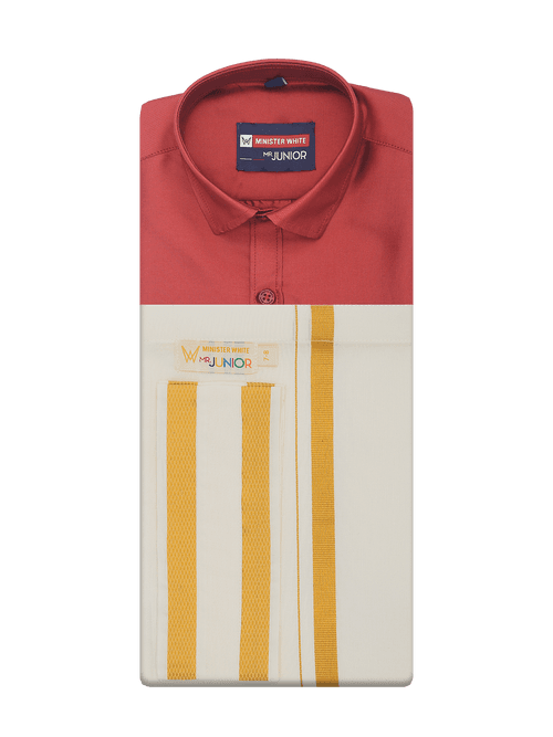 Boys Art Silk Red Half Sleeves Shirt with Gold Jari Flexi Dhoti Towel Combo Calm Boy