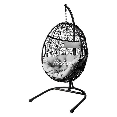 Hindoro Rattan Wicker Wrought Iron Hanging Hammock Single Seater Egg Swing Chair with Stand & Cushion || Outdoor/Indoor/Balcony/Garden/Patio/Living Outdoor Furniture (Black Grey)