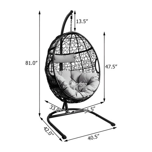 Hindoro Rattan Wicker Wrought Iron Hanging Hammock Single Seater Egg Swing Chair with Stand & Cushion || Outdoor/Indoor/Balcony/Garden/Patio/Living Outdoor Furniture (Black Grey)