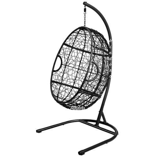 Hindoro Rattan Wicker Wrought Iron Hanging Hammock Single Seater Egg Swing Chair with Stand & Cushion || Outdoor/Indoor/Balcony/Garden/Patio/Living Outdoor Furniture (Black Grey)