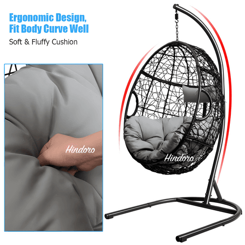 Hindoro Rattan Wicker Wrought Iron Hanging Hammock Single Seater Egg Swing Chair with Stand & Cushion || Outdoor/Indoor/Balcony/Garden/Patio/Living Outdoor Furniture (Black Grey)