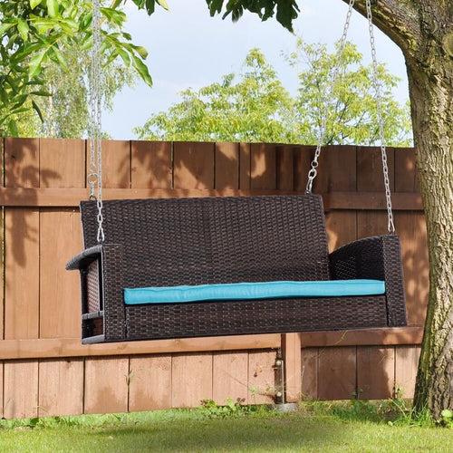 Hindoro 2 Person Double Seater Outdoor/Indoor Weather Resistant Hanging Wicker Porch Swing Chair with Cushion (Brown With Blue)