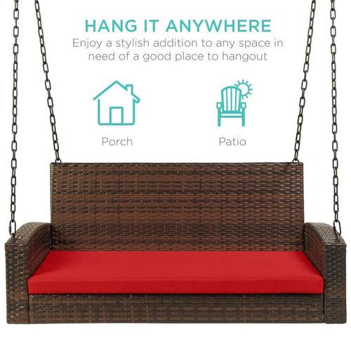 Hindoro 2 Person Double Seater Outdoor/Indoor Weather Resistant Hanging Wicker Porch Swing Chair with Cushion (Brown With Red)