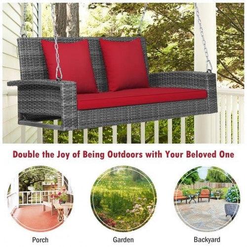 Hindoro 2 Person Double Seater Outdoor/Indoor Weather Resistant Hanging Wicker Porch Swing Chair with Cushion (Brown With Red)