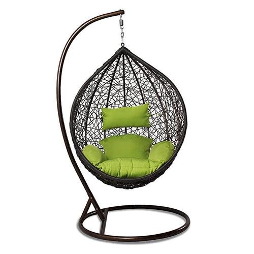 Hindoro Single Seater Swing Basket Chair with Stand for Kid's and Adult, Outdoor/Indoor/Balcony/Garden/Patio (Brown Swing, Green Cushion)