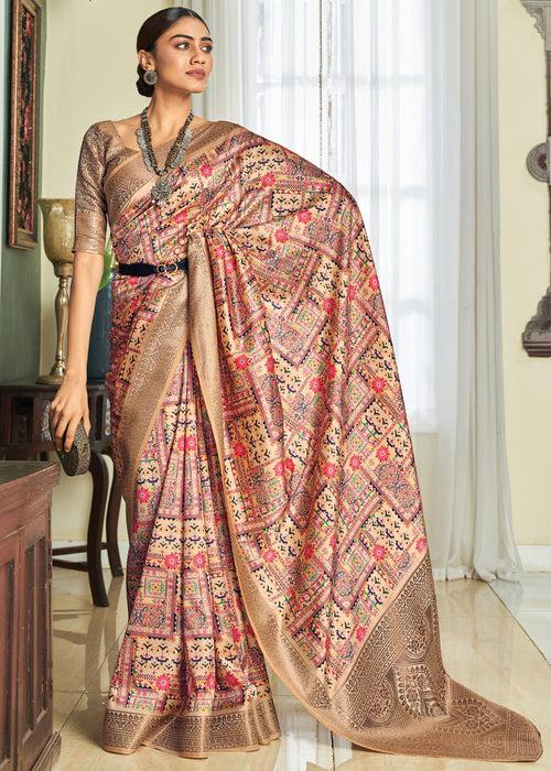 Safari Beige Woven Banarasi Satin Silk Saree