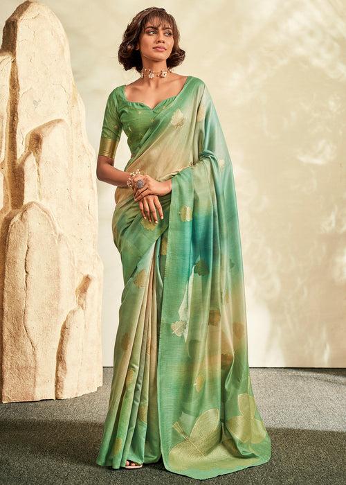 Leaf Green Digital Printed Textured Silk Saree