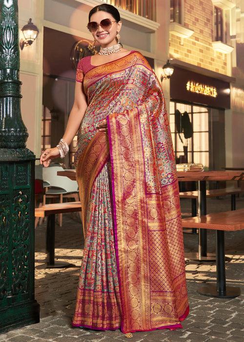 Multicolor Pink Woven Kanjivaram Silk Saree