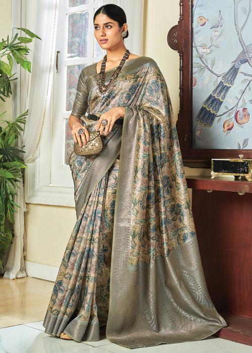 Olive Grey Woven Banarasi Satin Silk Saree