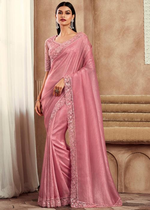 Rich Rose Pink Designer Embroidered Saree