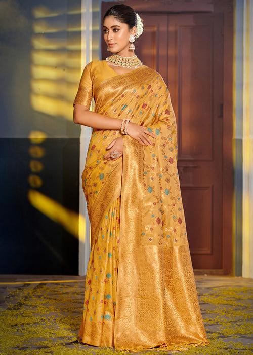 Golden Yellow Woven Banarasi Silk Saree With Brocade Blouse