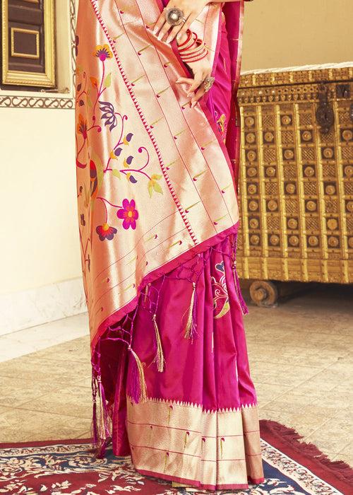 Magenta Pink Woven Paithani  Silk Saree