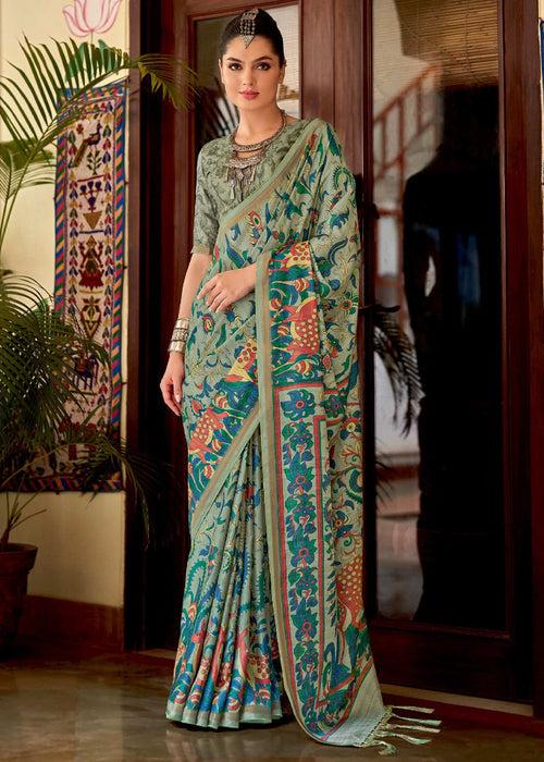 Saga Green Printed Soft Silk Saree