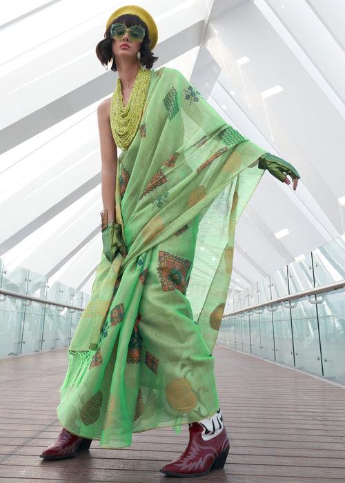 Light Green Woven Linen Silk Saree With Print