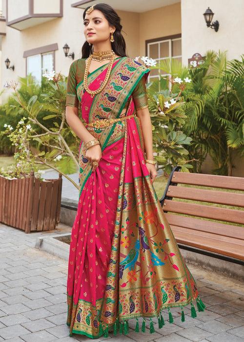 Paradise Pink Woven Paithani Soft Silk Saree