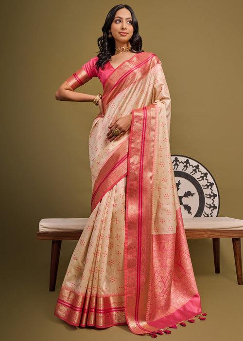 Off White And Pink Woven Banarasi Soft Silk Saree