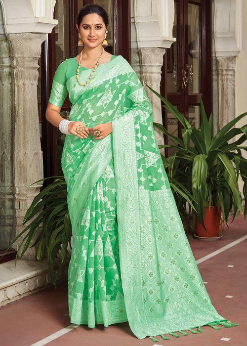 Refresh Green Woven Lucknowi Linen Silk Saree