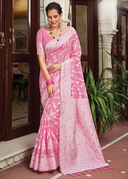 Blooming Pink Woven Lucknowi Linen Silk Saree