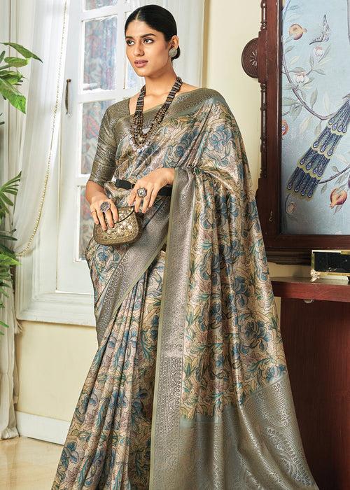 Olive Grey Woven Banarasi Satin Silk Saree
