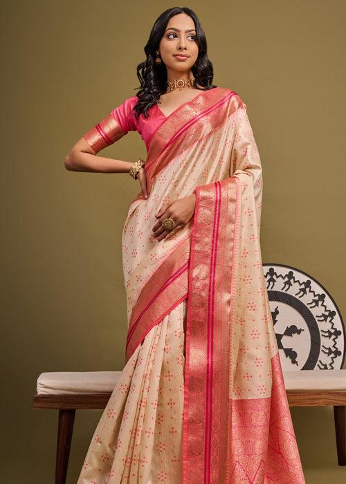 Off White And Pink Woven Banarasi Soft Silk Saree