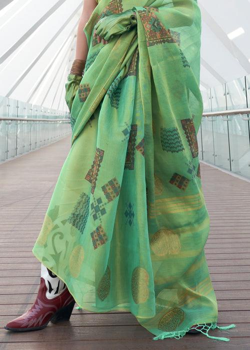 Light Green Woven Linen Silk Saree With Print