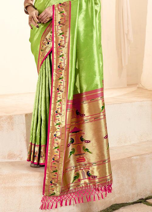 Parrot Green Woven Paithani Tissue Silk Saree