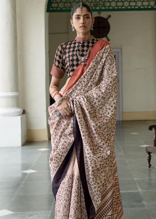 Off White Printed Cotton Silk Saree