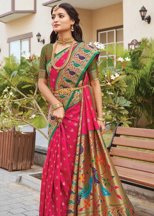 Paradise Pink Woven Paithani Soft Silk Saree