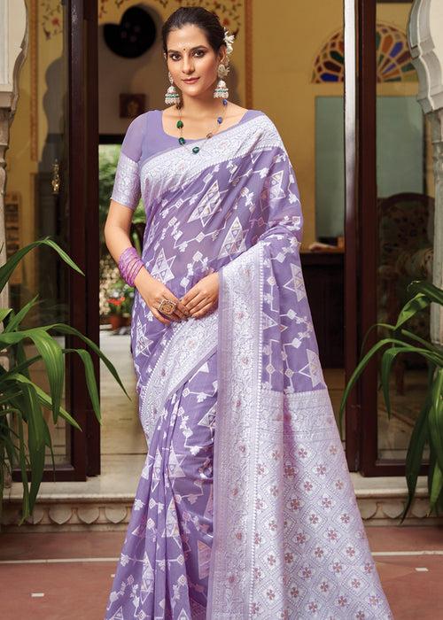 Pale Purple Woven Lucknowi Linen Silk Saree