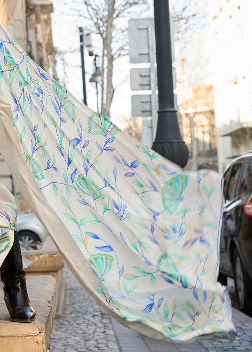 Pearl White And Blue Satin Crepe Printed Saree