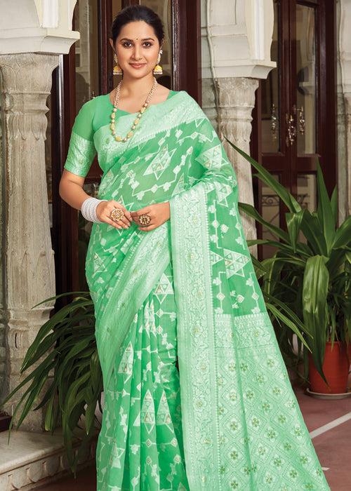 Refresh Green Woven Lucknowi Linen Silk Saree