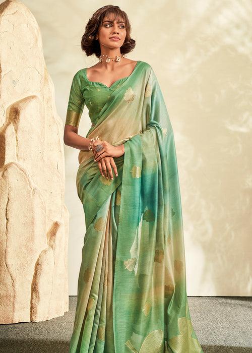 Leaf Green Digital Printed Textured Silk Saree