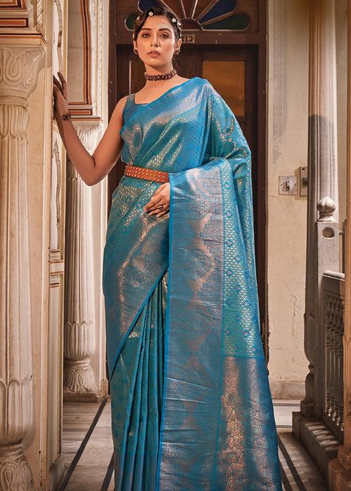 Horizon Blue Woven Kanjivaram Silk Saree