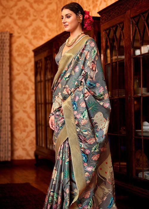 Fossil Grey Woven Silk Saree With Kalamkari Fine Print