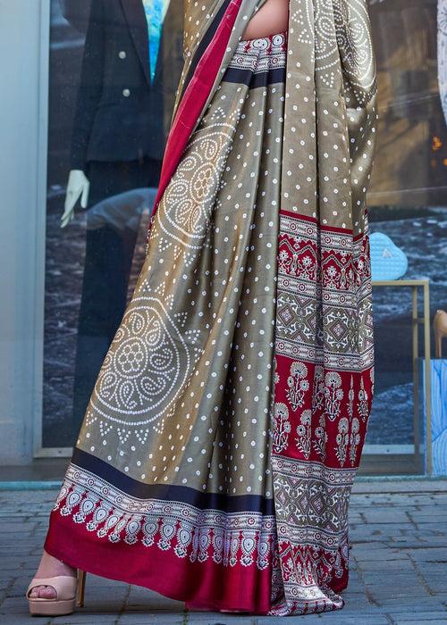 Stone Grey Satin Crepe Printed Saree