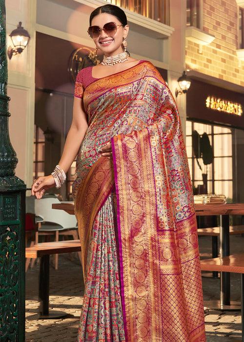 Multicolor Pink Woven Kanjivaram Silk Saree