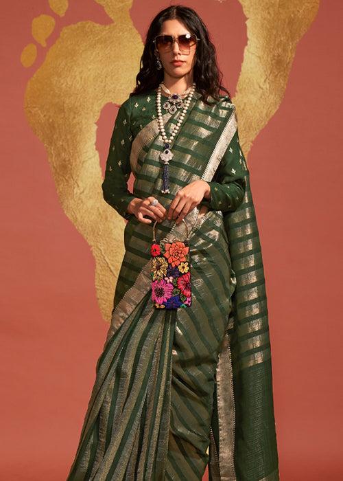 Olive Green And Gold Banarasi Soft Silk Saree