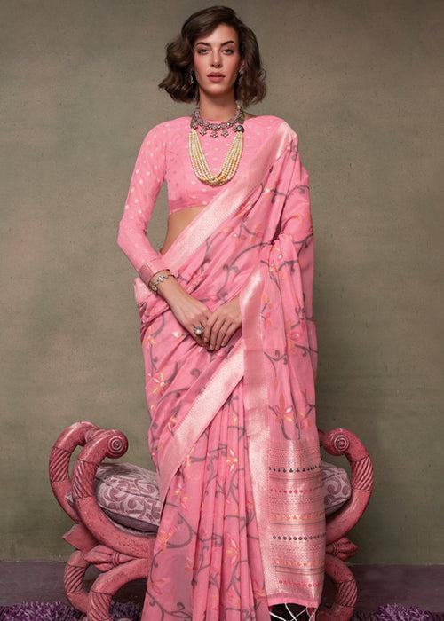 Beautiful Pink Woven Banarasi Mulmul Cotton Jamdani Saree