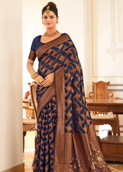 Navy Blue Woven Banarasi Cotton Silk Saree